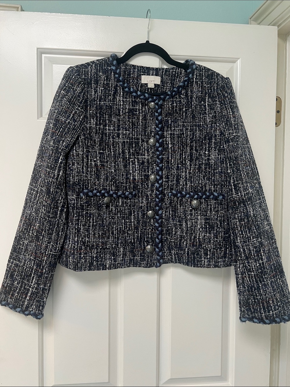 LOFT Navy and White Bouclé Tweed Jacket with Braided Trim